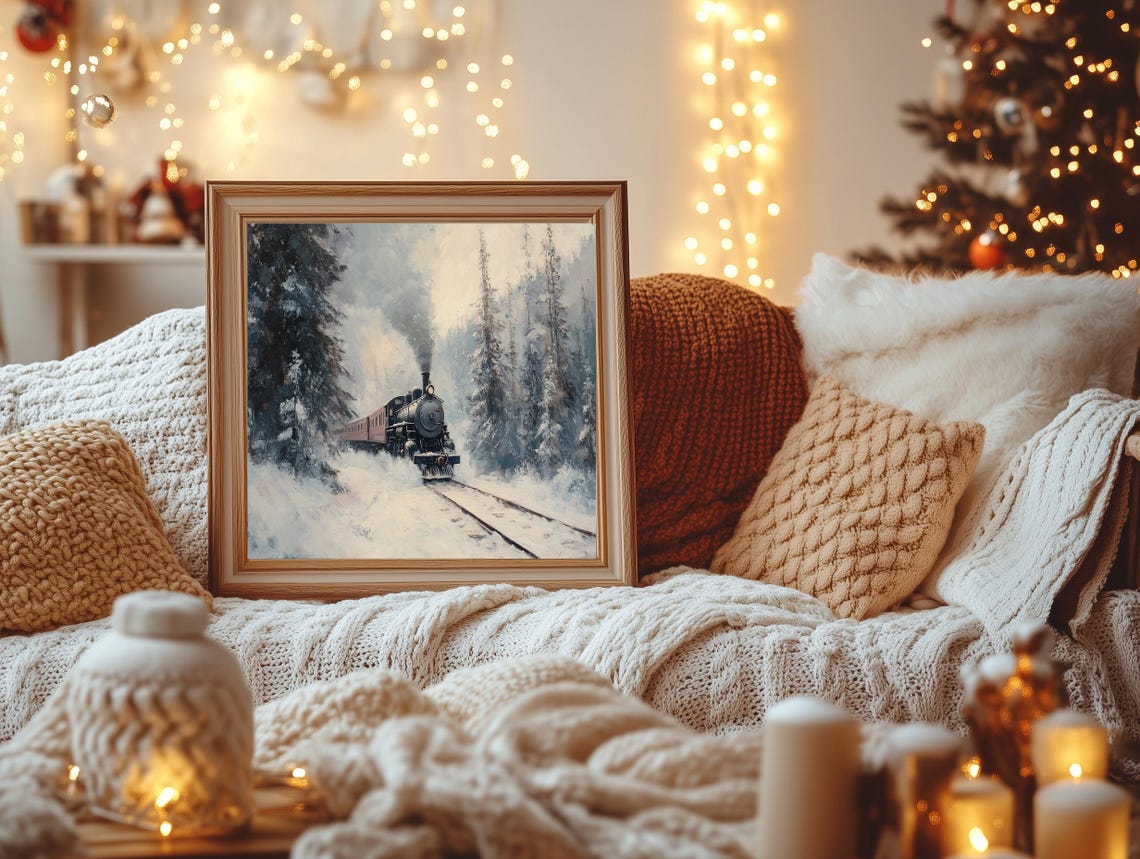 Vintage Steam Train Snowy Pine Forest Winter Scene Christmas Poster - Image 4