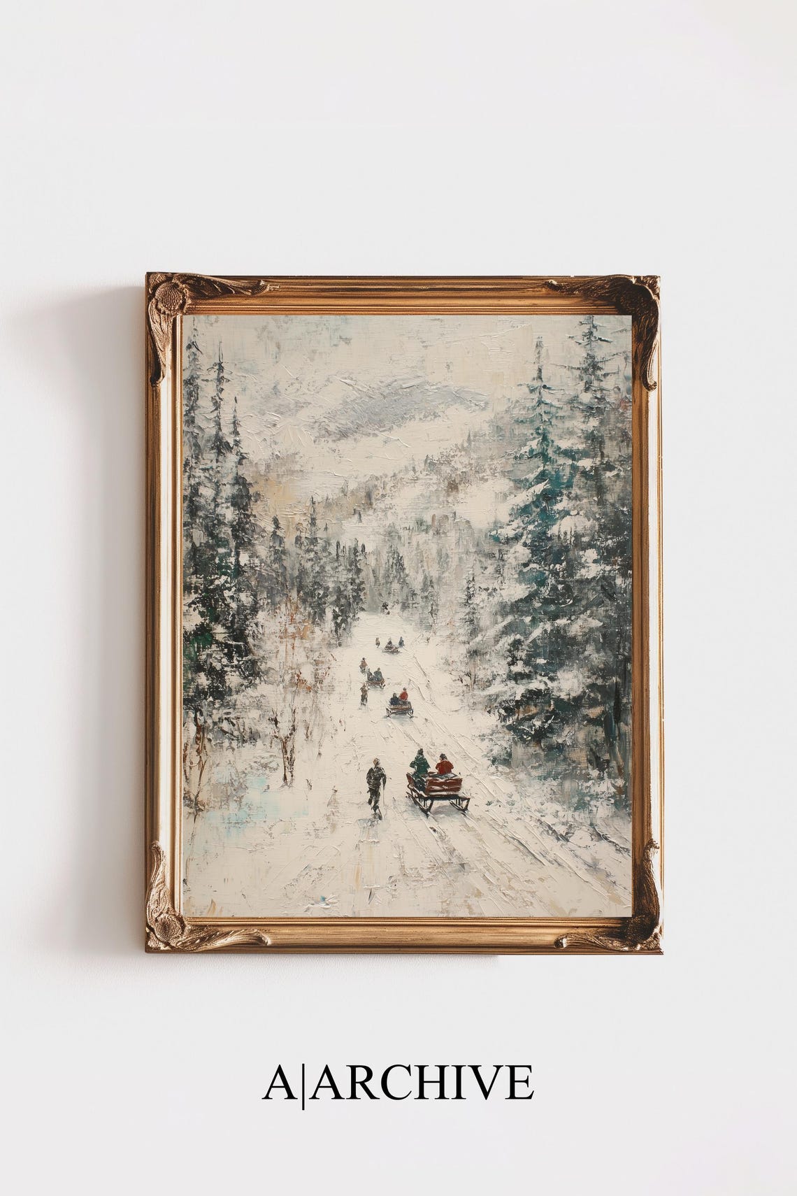 Horse Drawn Sleighs Snowy Forest Road Vintage Winter Scene Poster