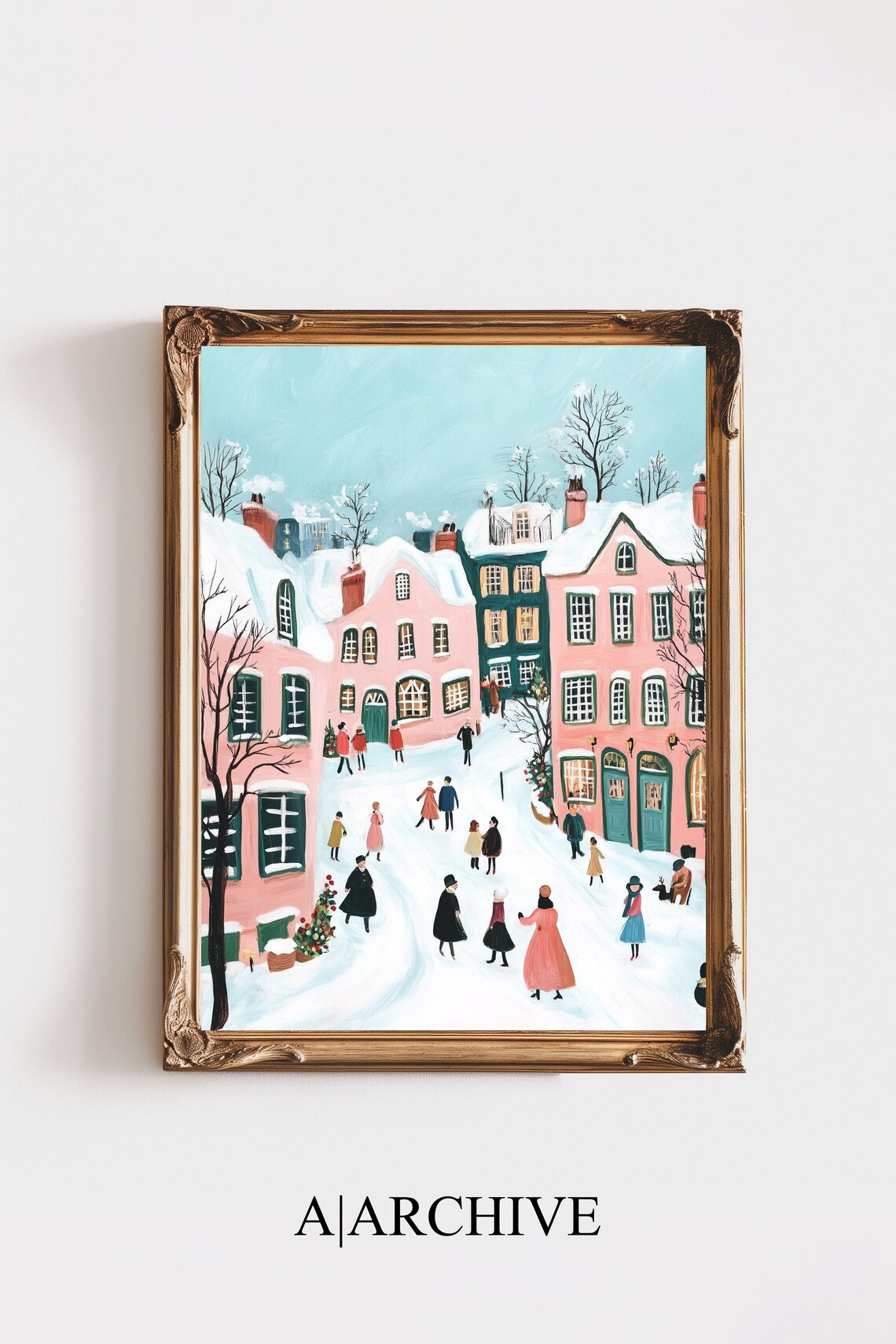Snowy Winter Village Street Colorful Retro Farmhouse Holiday Poster