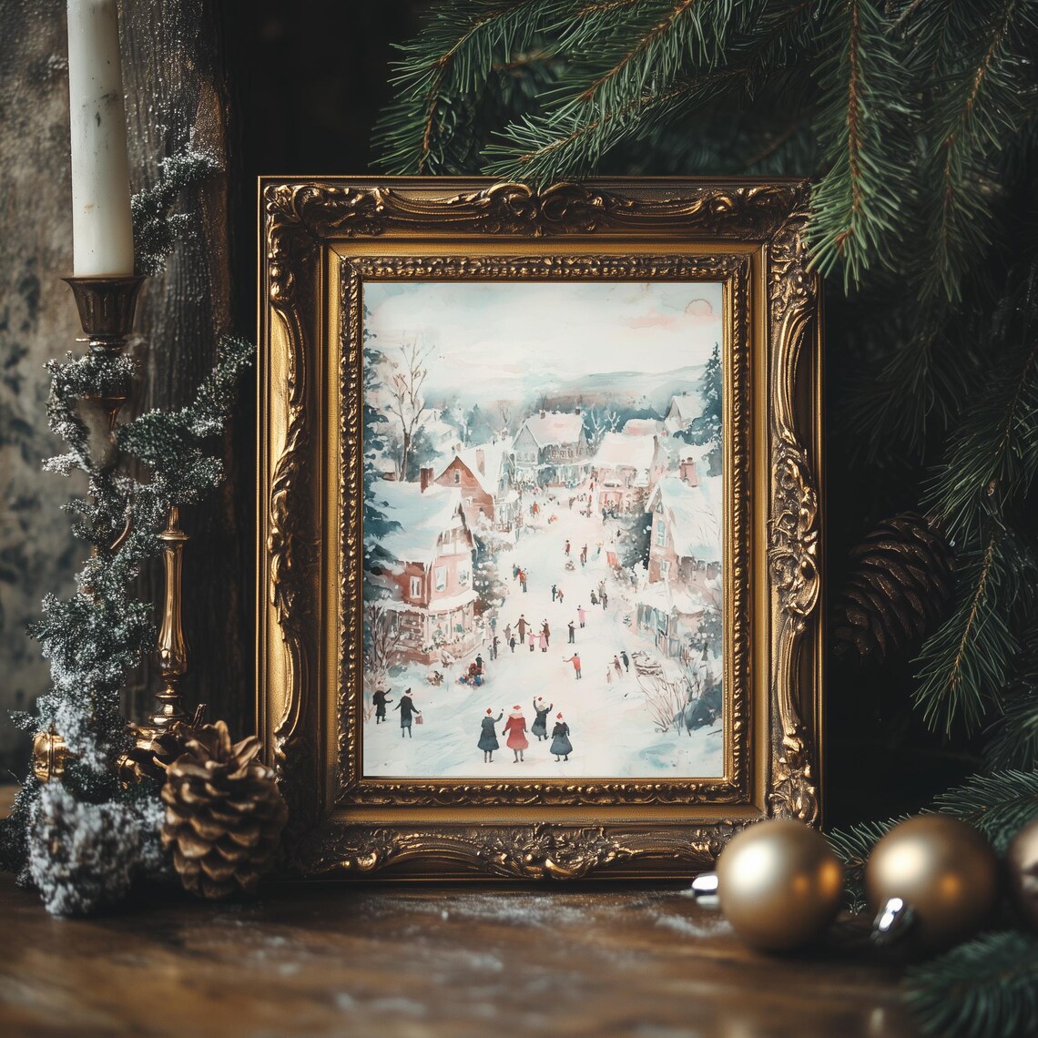 Winter Village Street Scene Watercolor Snowy Christmas Holiday Poster - Image 4