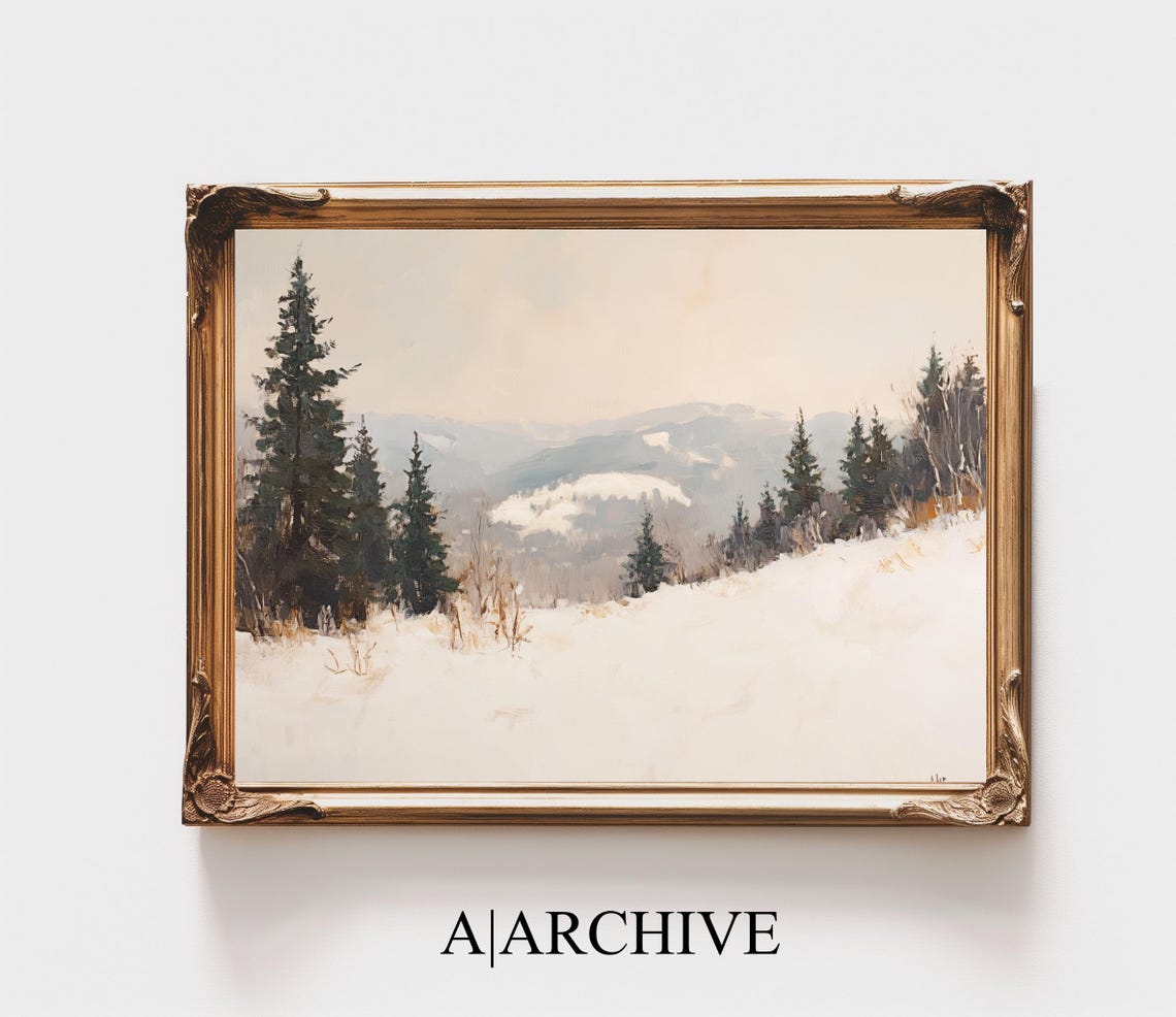 Snowy Hillside Pine Trees Distant Hazy Mountains Warm Light Poster