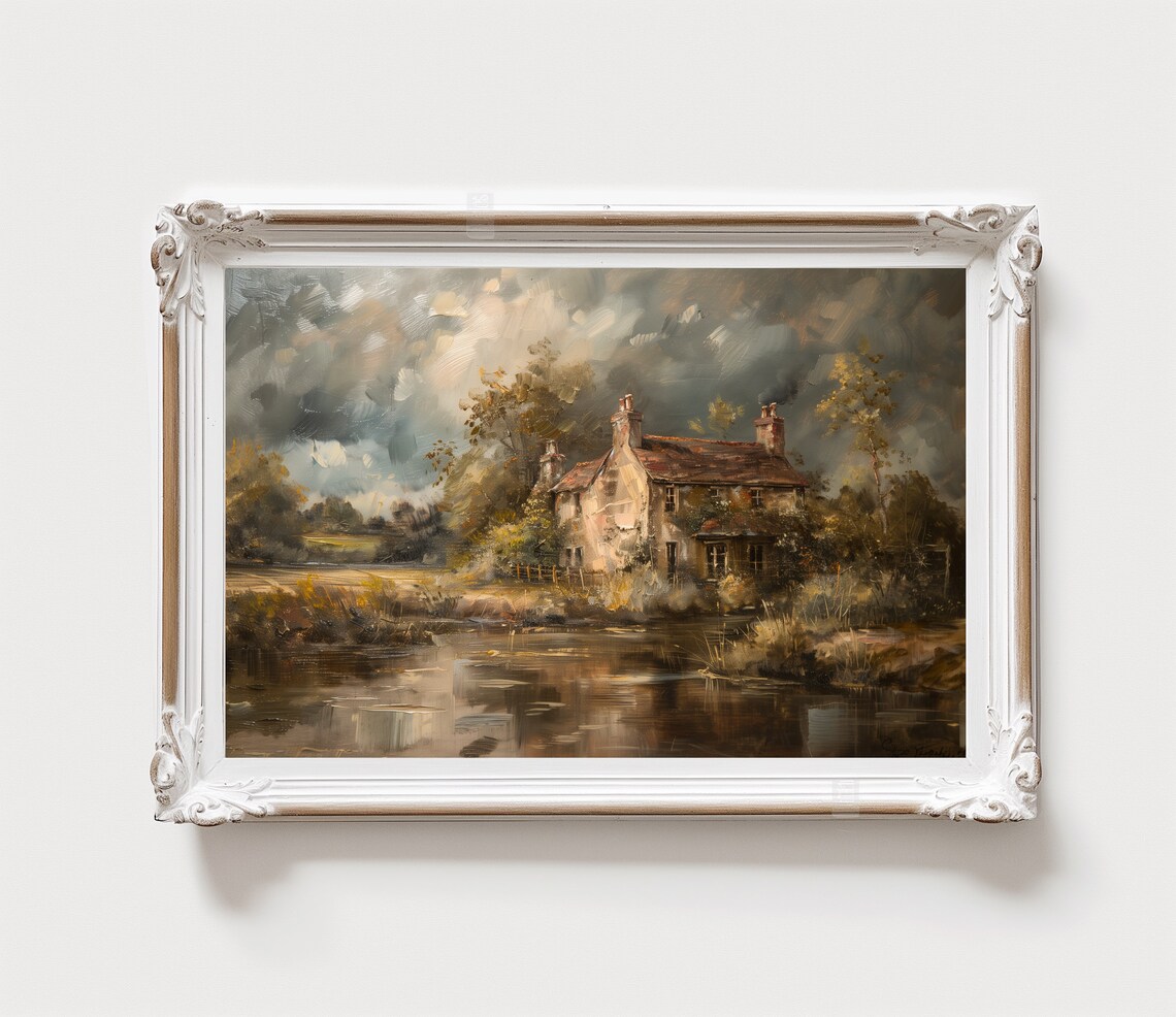 Antique Oil Painting Cottage by Lake Moody Sky Vintage Print - Image 2