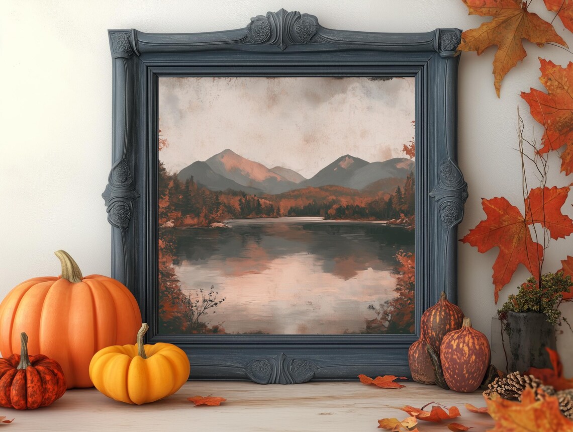Hazy Autumn Mountain Lake Vintage Muted Landscape Art Poster - Image 3