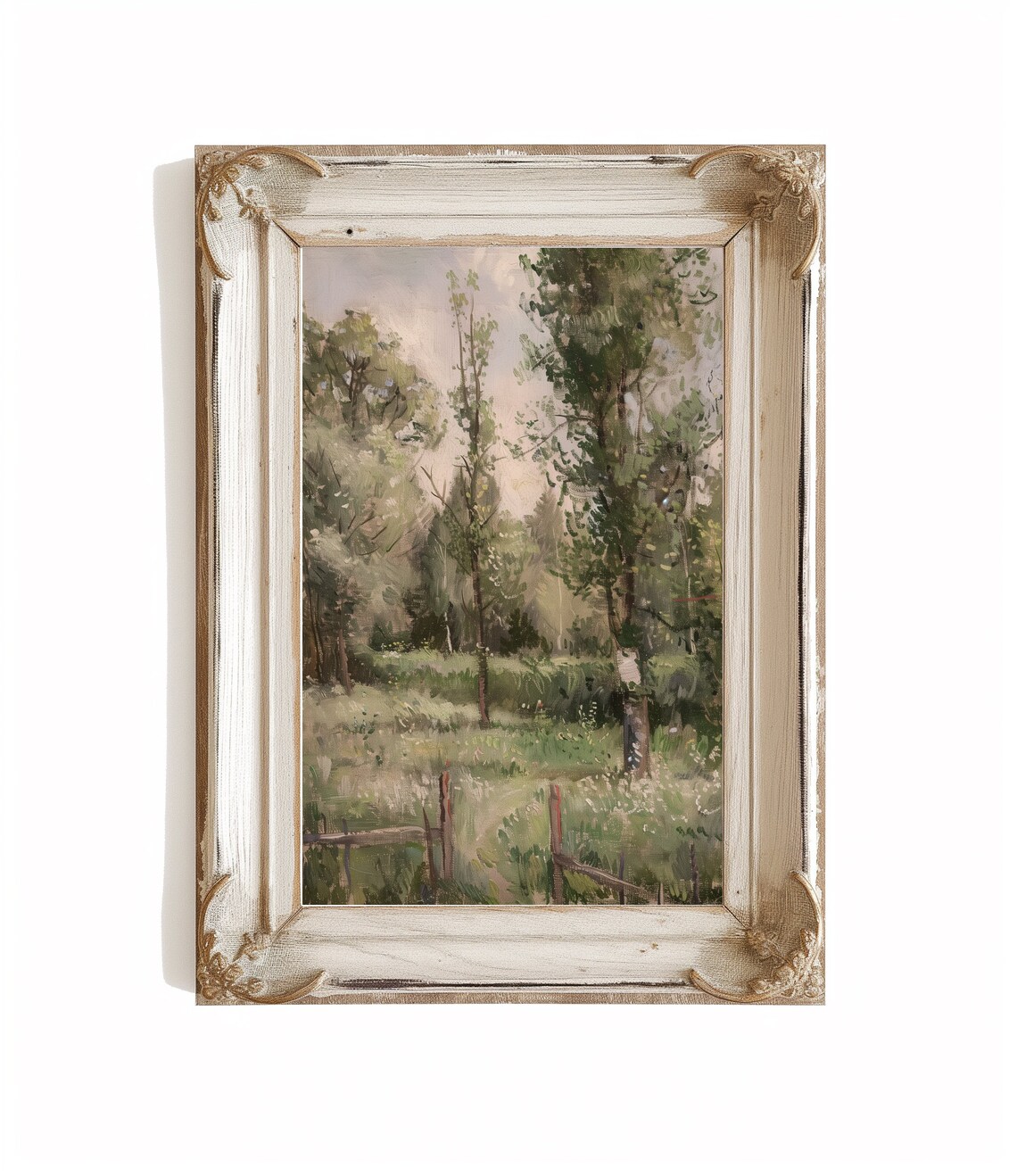 Impressionist Tree Meadow Painting Wooden Fence Vintage Print