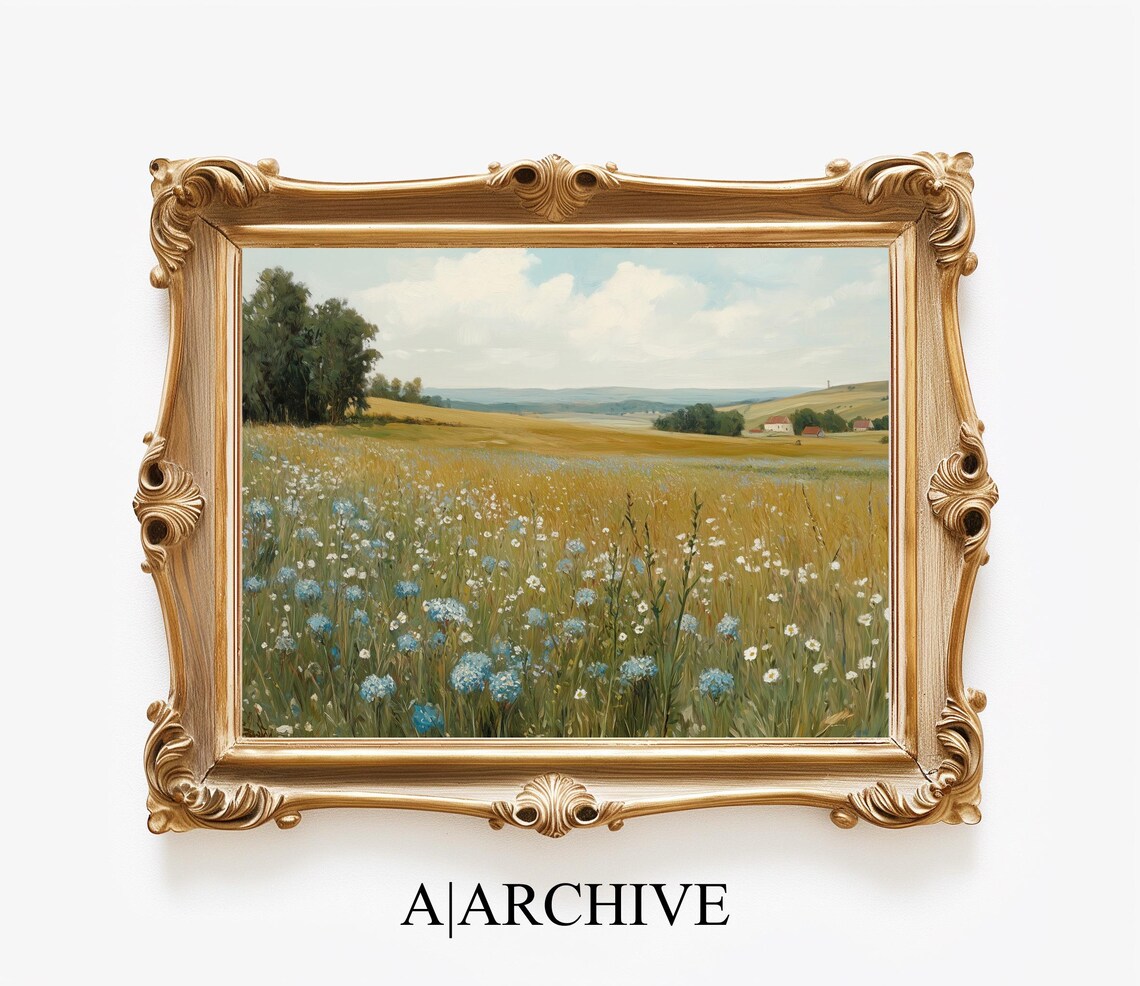 Blue Cornflower Field Country Farmhouse Summer Landscape Poster - Image 3