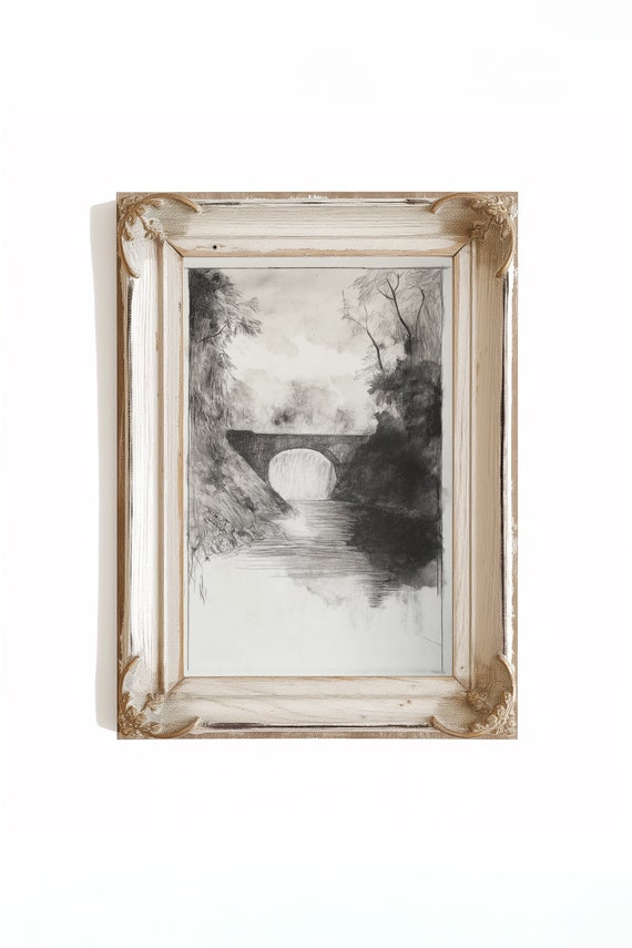 Minimalist Decor Landscape Sketch Vintage Bridge And Trees Etching Art Drawing