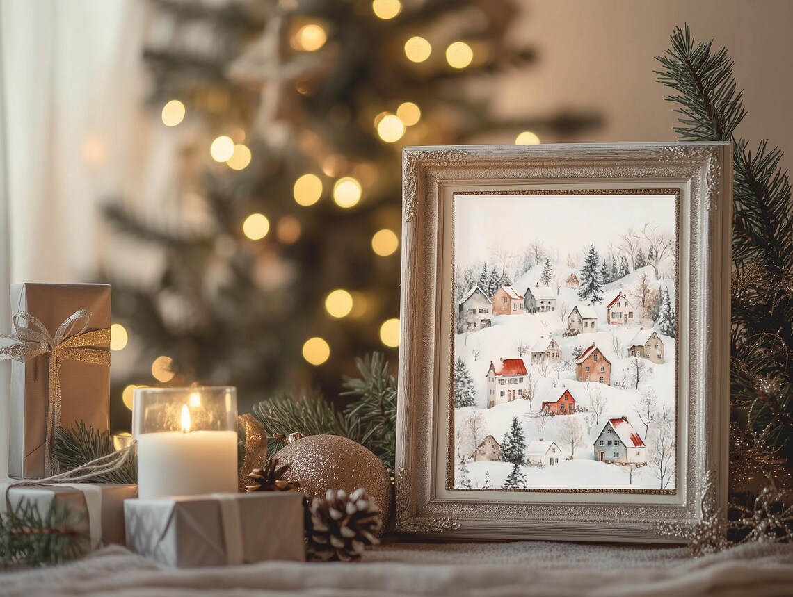 Snowy Hillside Village Red Roof Houses Pines Winter Watercolor Poster - Image 2