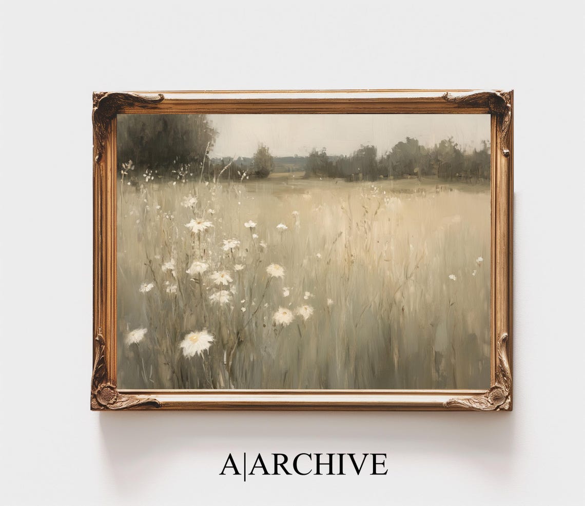 Muted White Daisy Meadow Vintage Neutral Botanical Art Poster - Image 3