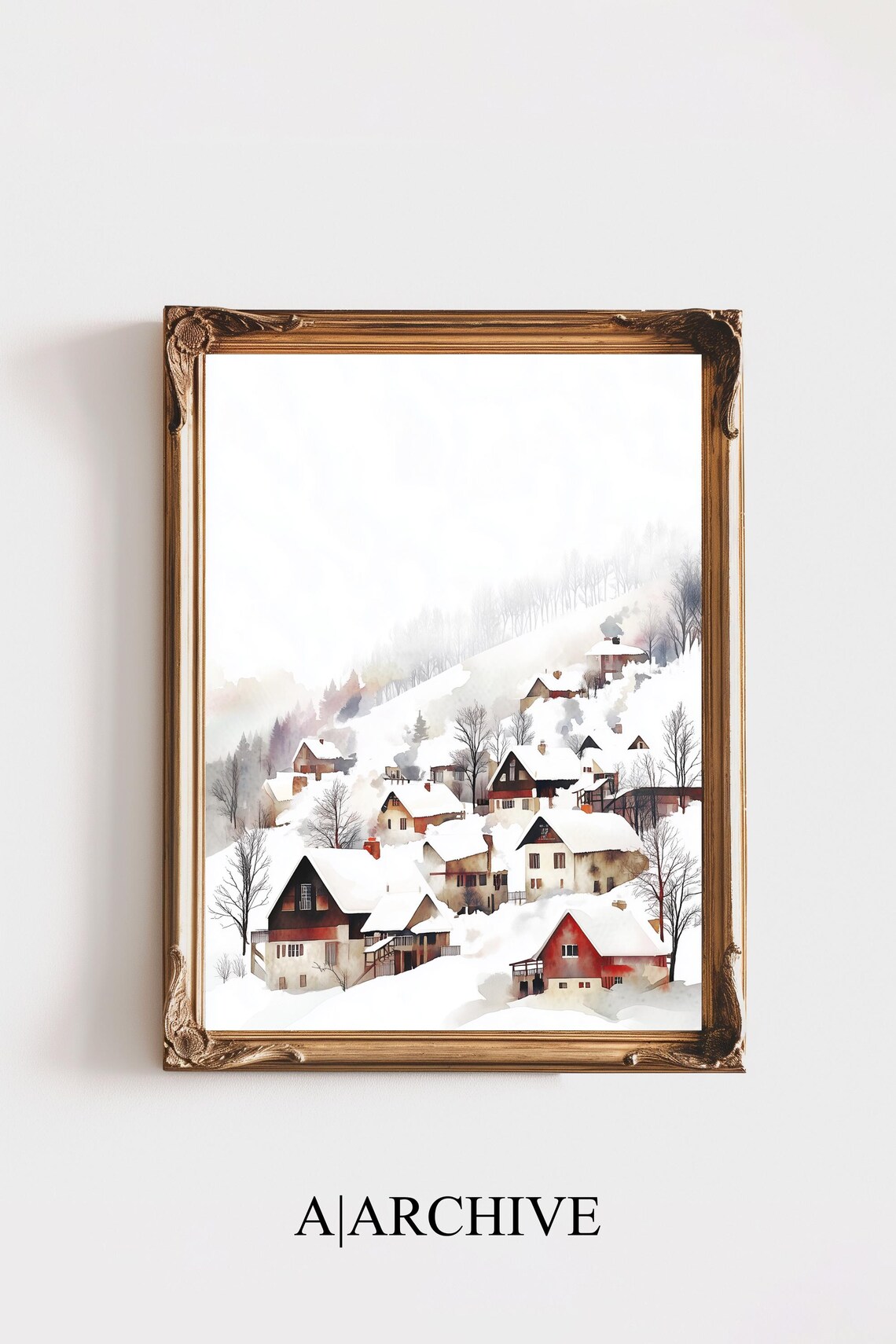 Misty Winter Village Hillside Scene Watercolor Snowy Christmas Poster