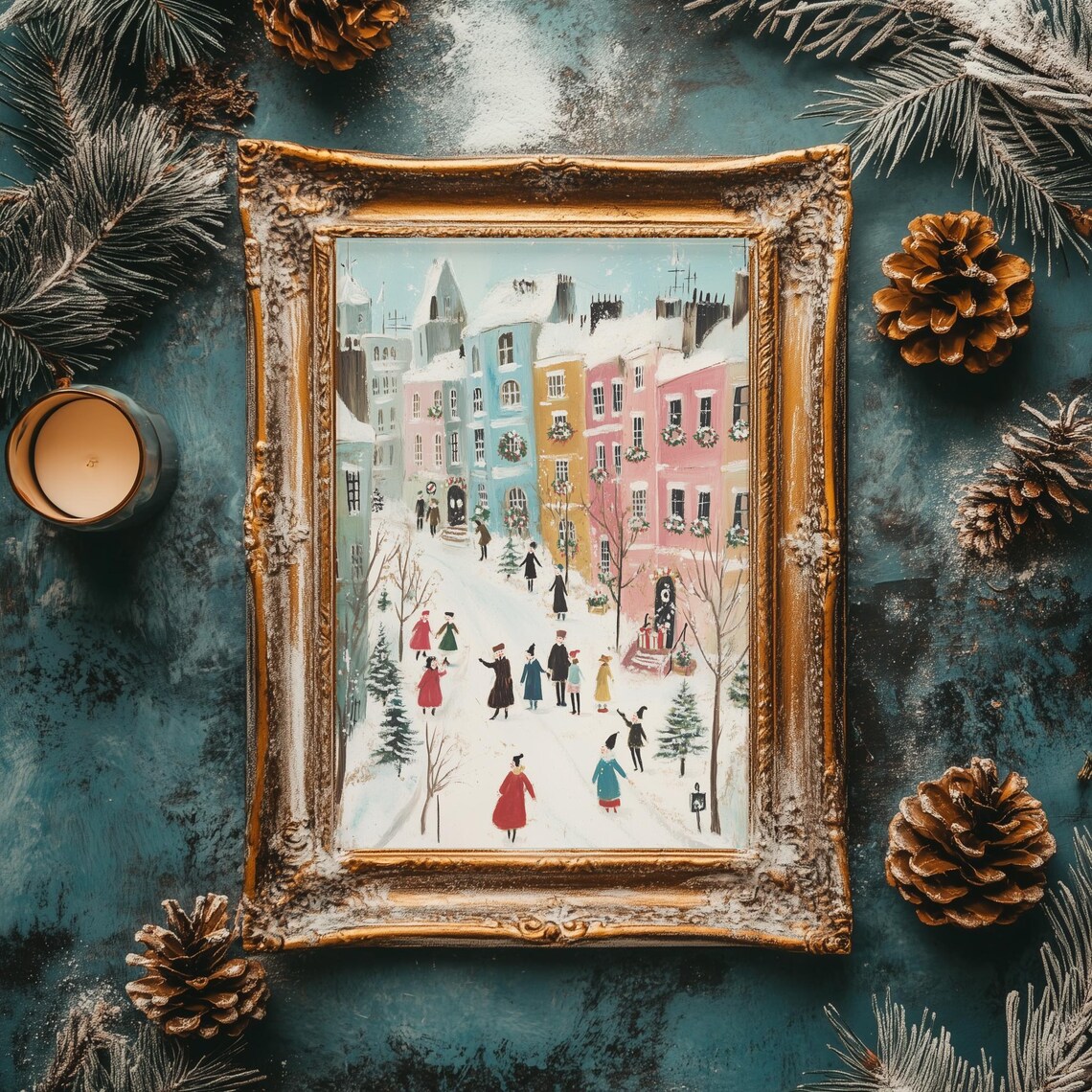 Colorful Pastel Christmas Street Carolers Wreaths Winter Town Poster - Image 2