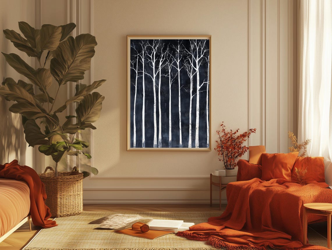 White Bare Birch Trunks Black Background Stark Minimal Art Poster - Image 2