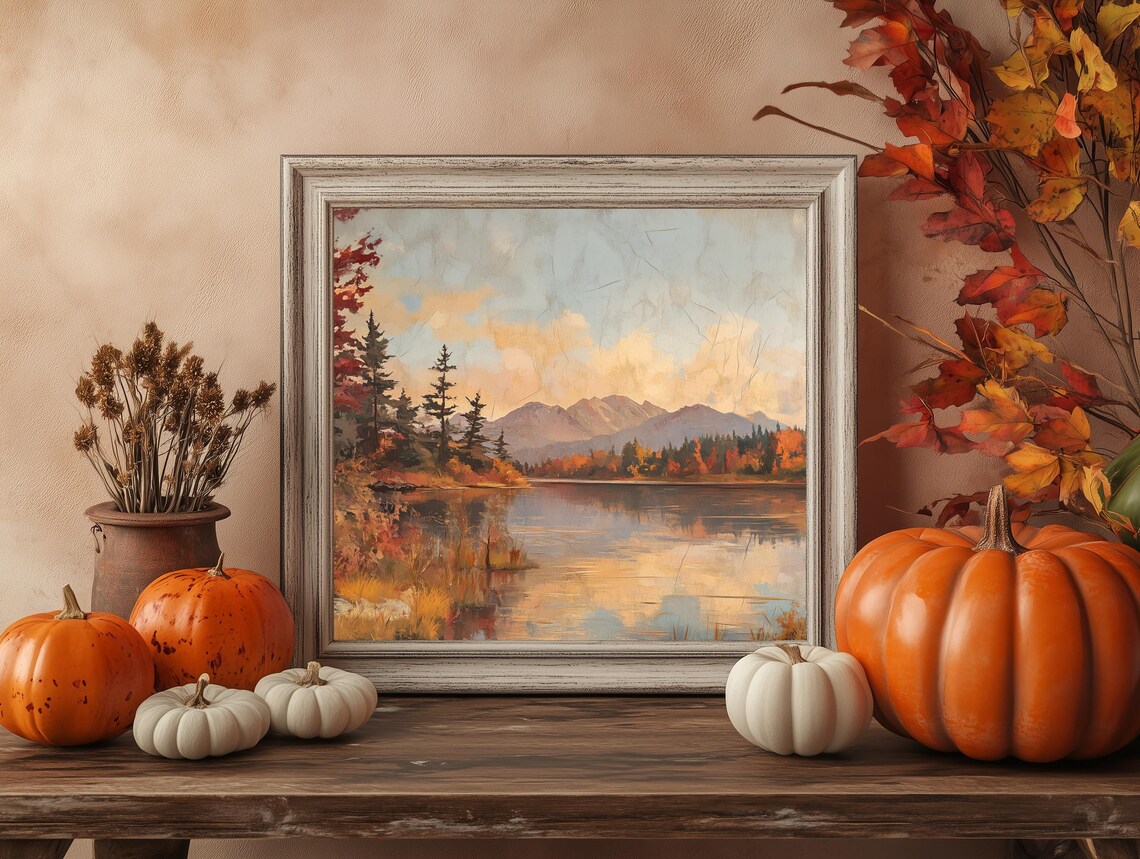 Autumn Lake Red Trees Mountain Vintage Oil Painting Landscape Poster - Image 4