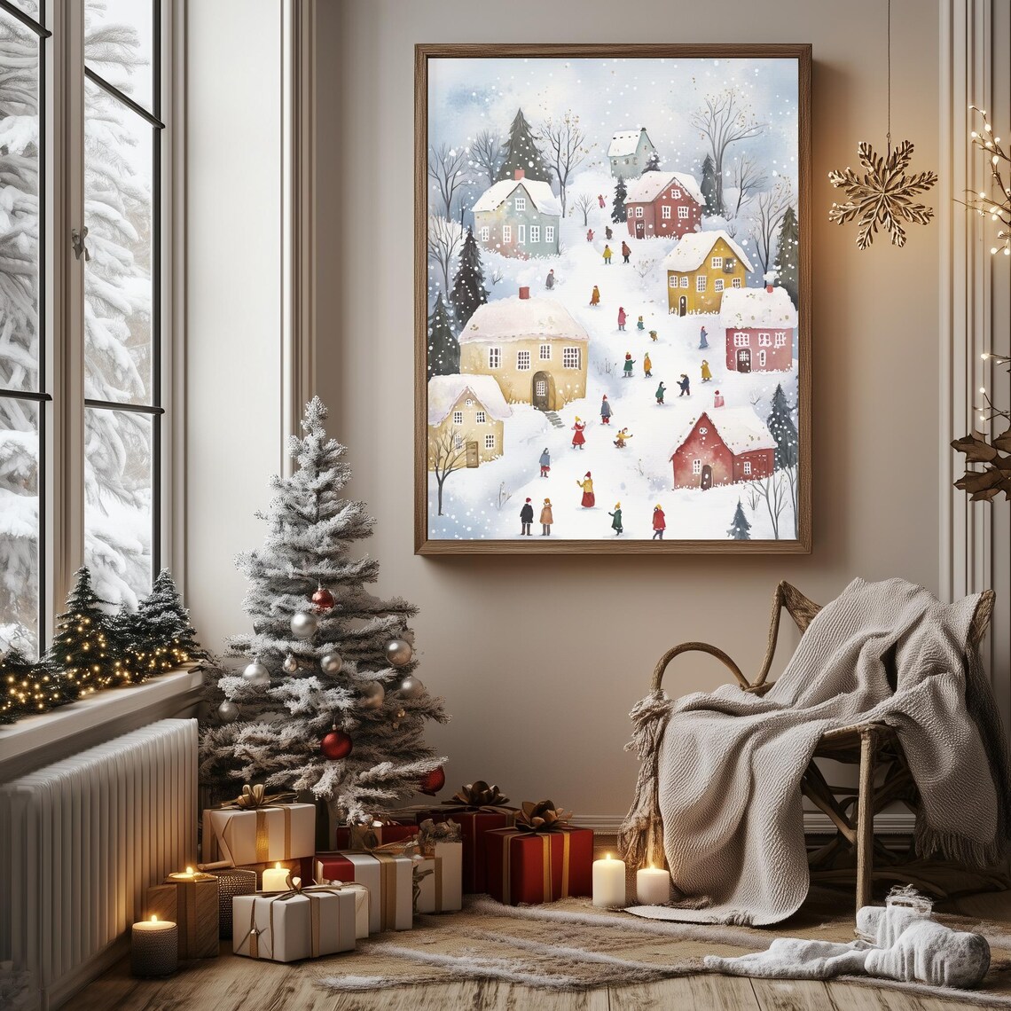 Christmas Village Wall Art Pink Christmas Print Watercolor Holiday Art Winter Village Print Pastel Pink Christmas Wall Decor - Image 3