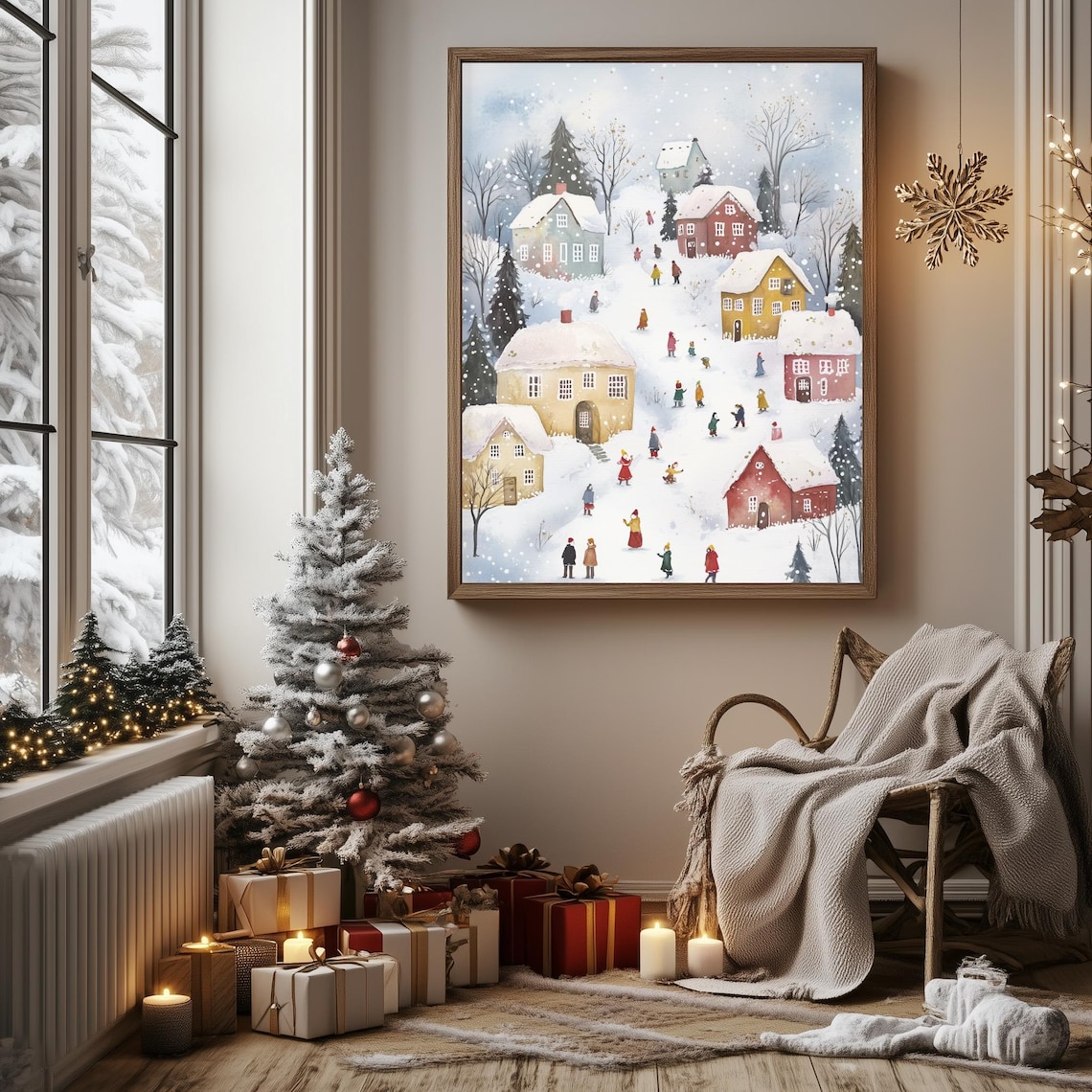 Colorful Winter Village Snowfall Scene Watercolor Christmas Poster - Image 3
