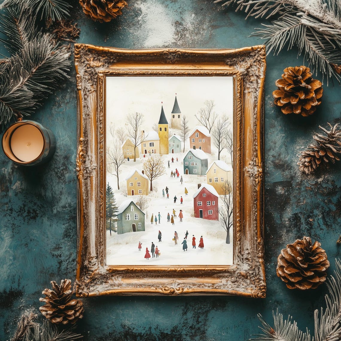 Christmas Village Art Pink Holiday Wall Print Watercolor Christmas Village Winter Scene Print Pastel Pink Holiday Art - Image 2
