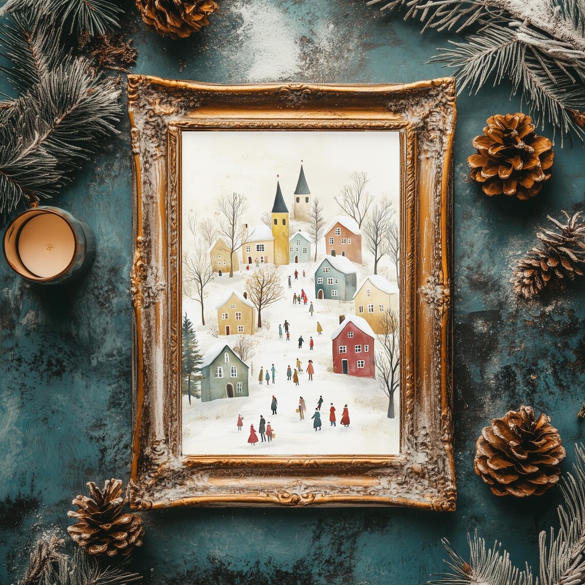 Muted Watercolor Winter Village Church Spires Snowy Holiday Poster - Image 2