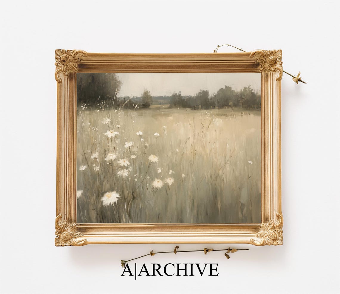 Muted White Daisy Meadow Vintage Neutral Botanical Art Poster - Image 2