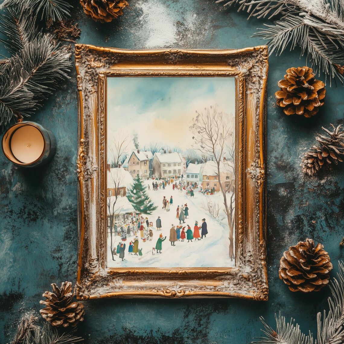 Christmas Village Square Winter Scene Watercolor Holiday Poster - Image 2