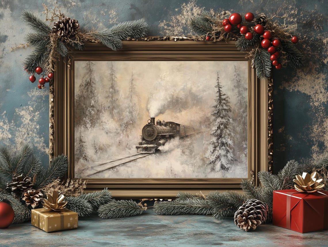 Vintage Steam Train Winter Forest Scene Snowy Christmas Poster - Image 3