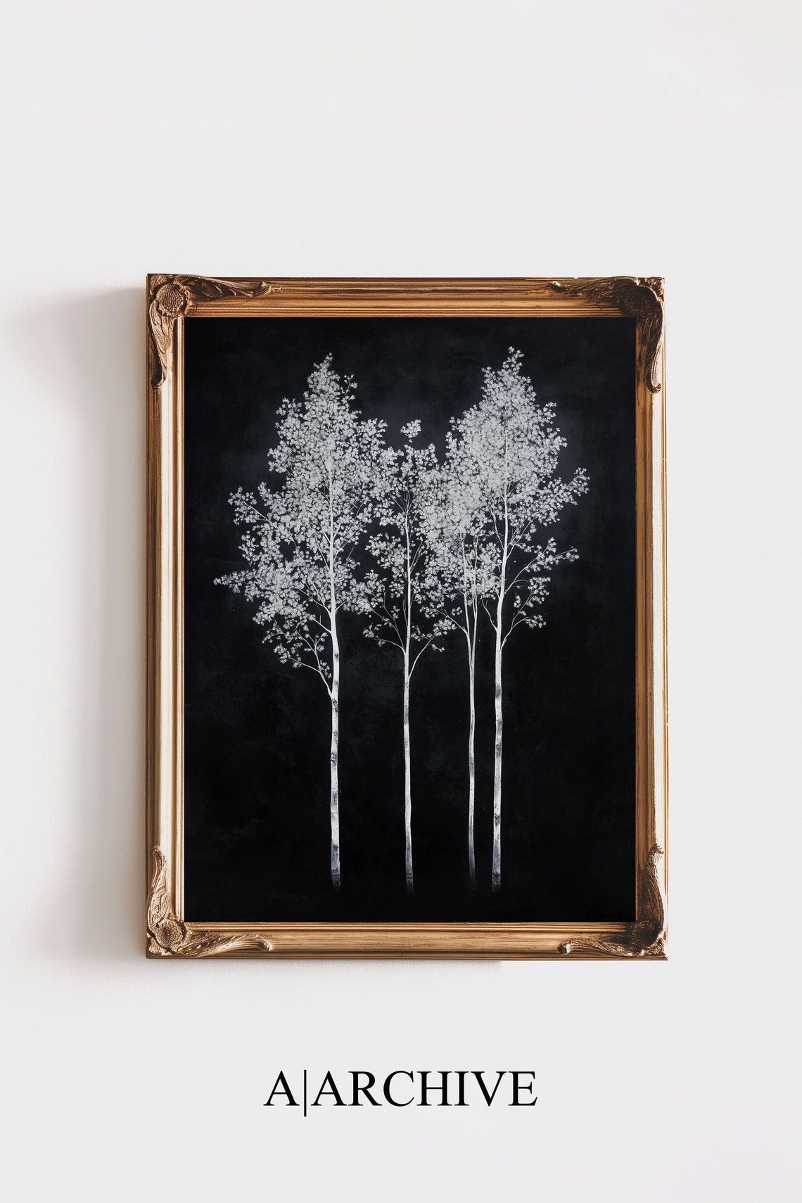 Three White Flowering Trees Black Background Minimal Botanical Poster