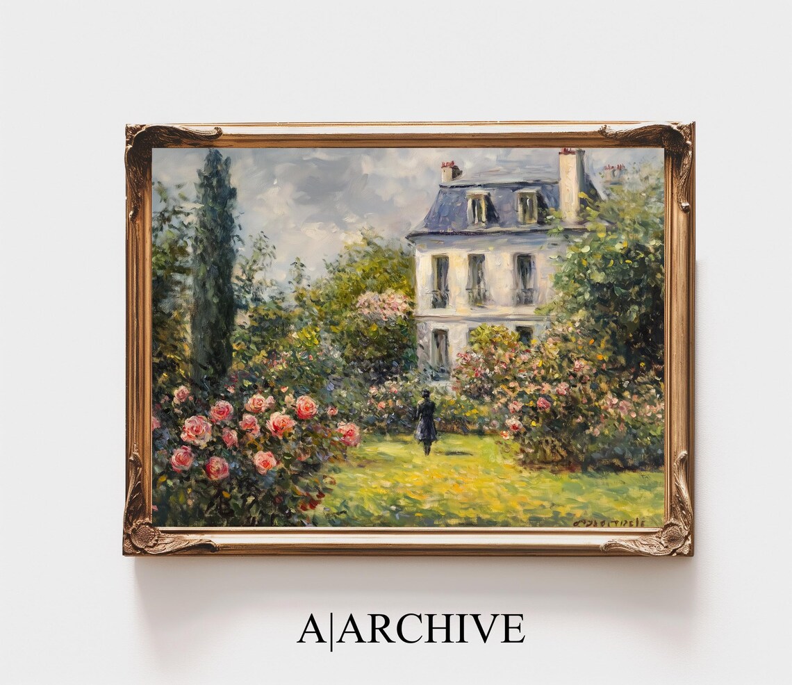 Village Cottage Rose Garden with Cypress Vintage Oil Art Poster - Image 4