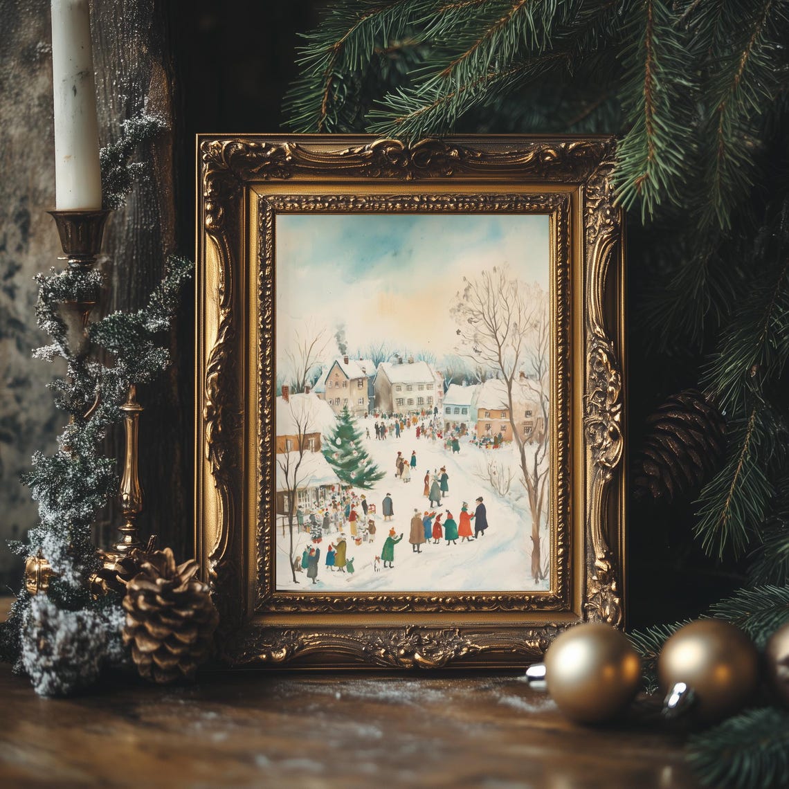 Christmas Village Square Winter Scene Watercolor Holiday Poster - Image 4