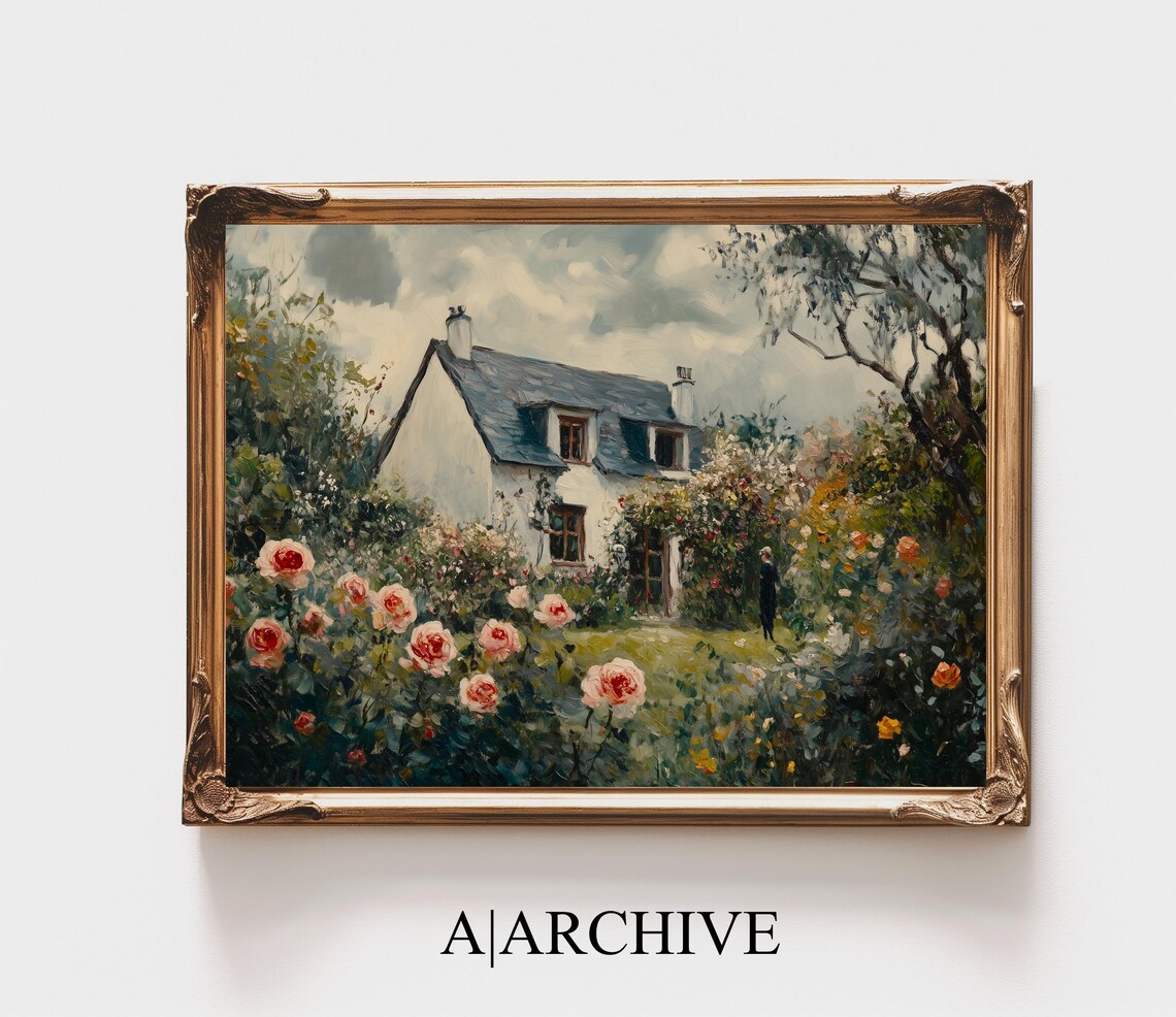 Old Farmhouse Among Climbing Roses Vintage Oil Painting Art Poster - Image 3