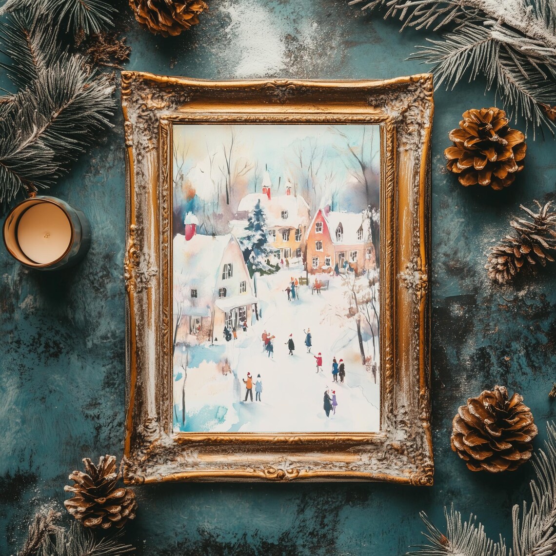 Watercolor Christmas Village Red Roofs Snow People Gathering Poster - Image 2