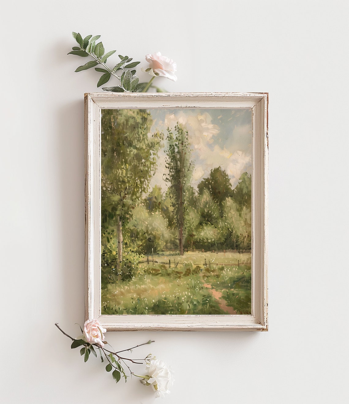 Impressionist Forest Meadow Painting Poplar Trees Vintage Print