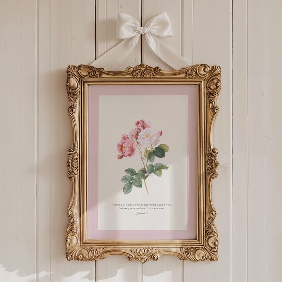 Pink And White Christian Coquette Print Antique Rose Painting Girly Bible Verse Wall Art Scripture Baby Shower Decor Goddaughter Baptism Gif