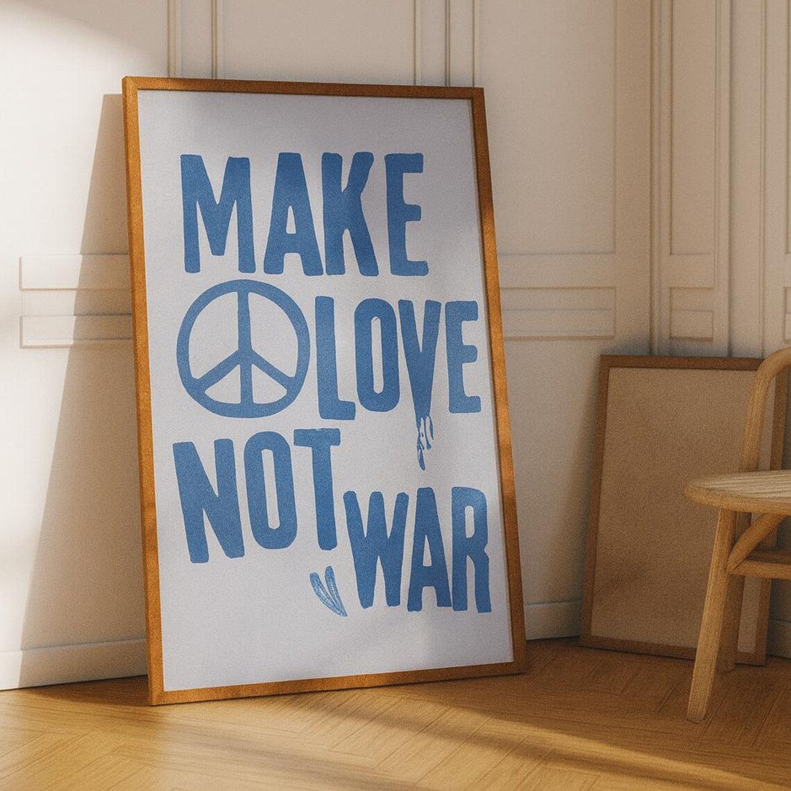 Make Love Not War Peace Sign Retro Blue Brush Lettering Poster