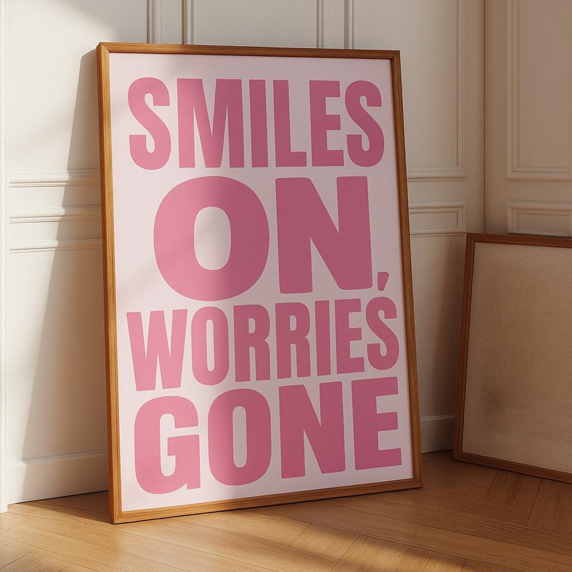 Smiles On Worries Gone Bold Pink Feel Good Typography Poster Decor