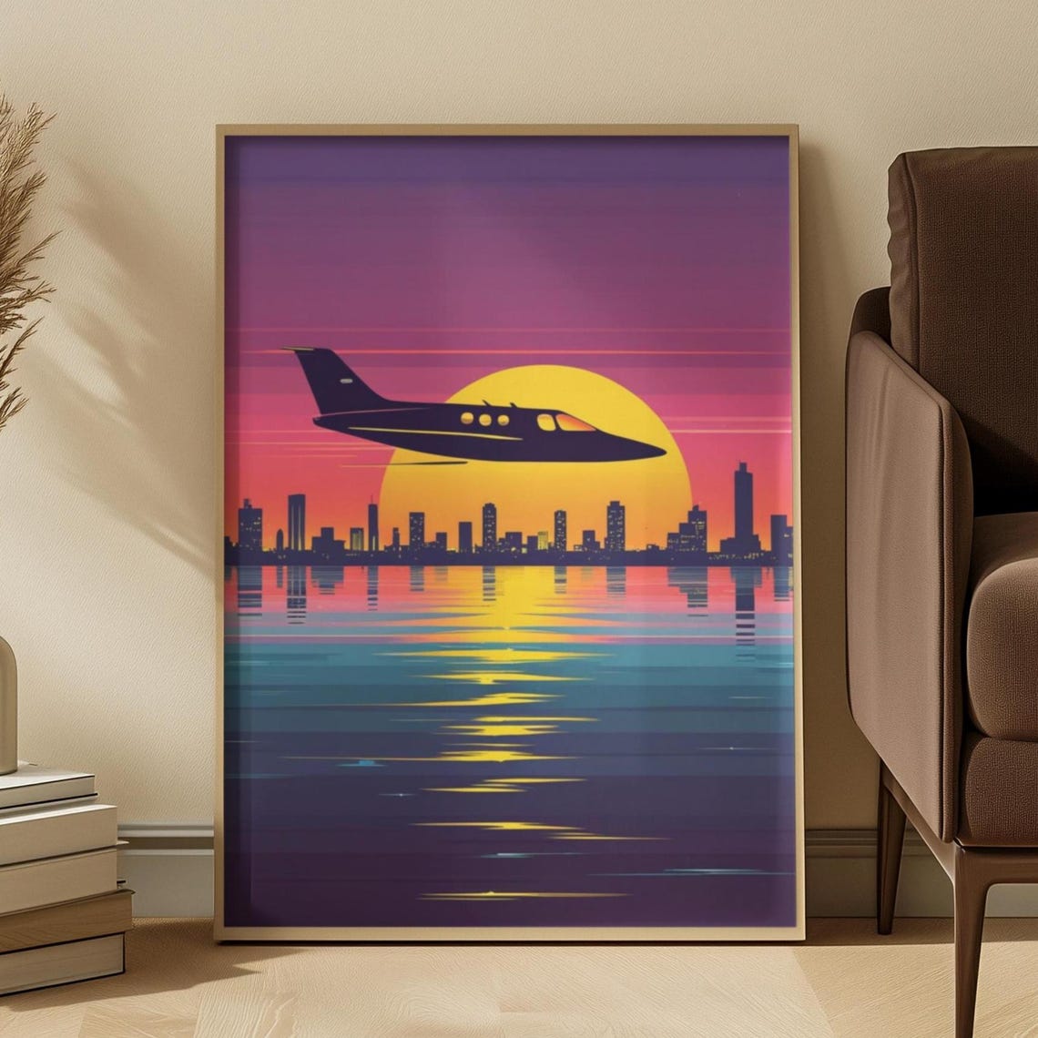 Retro Sunset Airplane over City Skyline Reflection Travel Poster