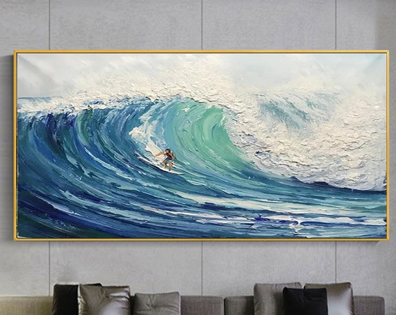Blue Waves Surfing Painting, Personalized Wall Art Print