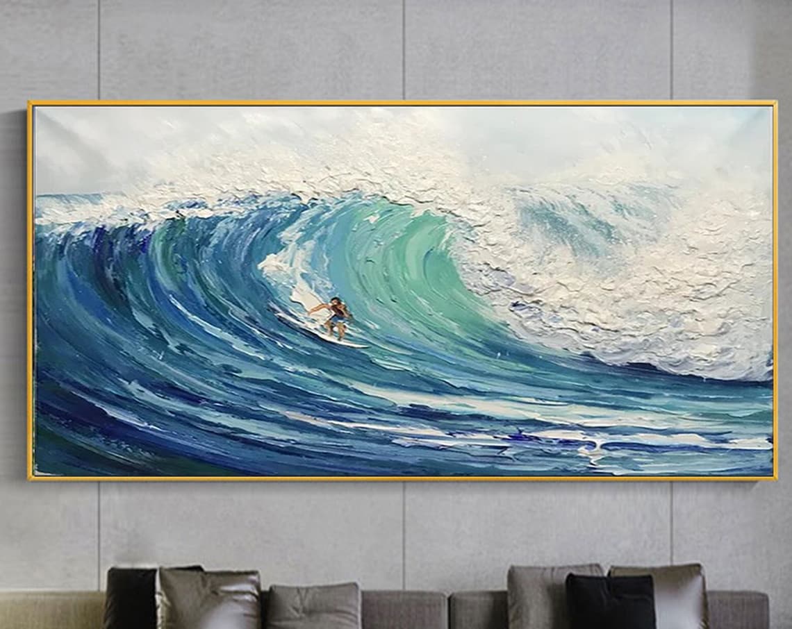 Blue Waves Surfing Painting, Personalized Wall Art Print