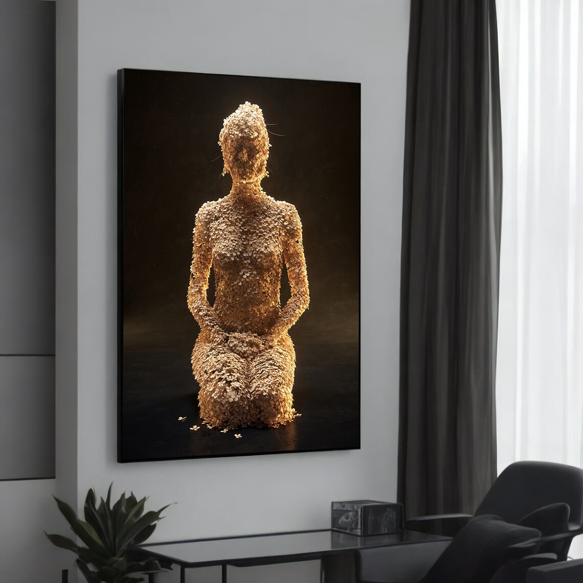 Golden Floral Human Figure Meditation Golden Petals Modern Wall Art
