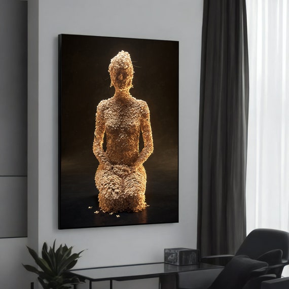 Golden Floral Human Figure In Meditation Elegant Modern Canvas Painting Unique Spiritual Wall Art For Home Decor
