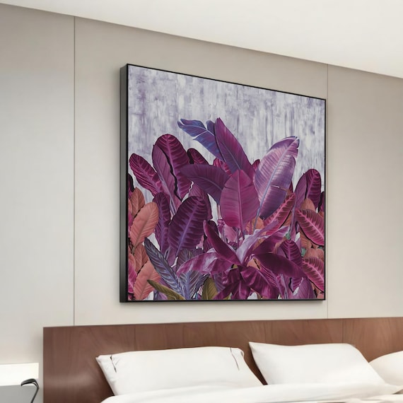Vibrant Purple Leaf Canvas Painting Handpainted Botanical Art For Modern Home Decor Unique Gift