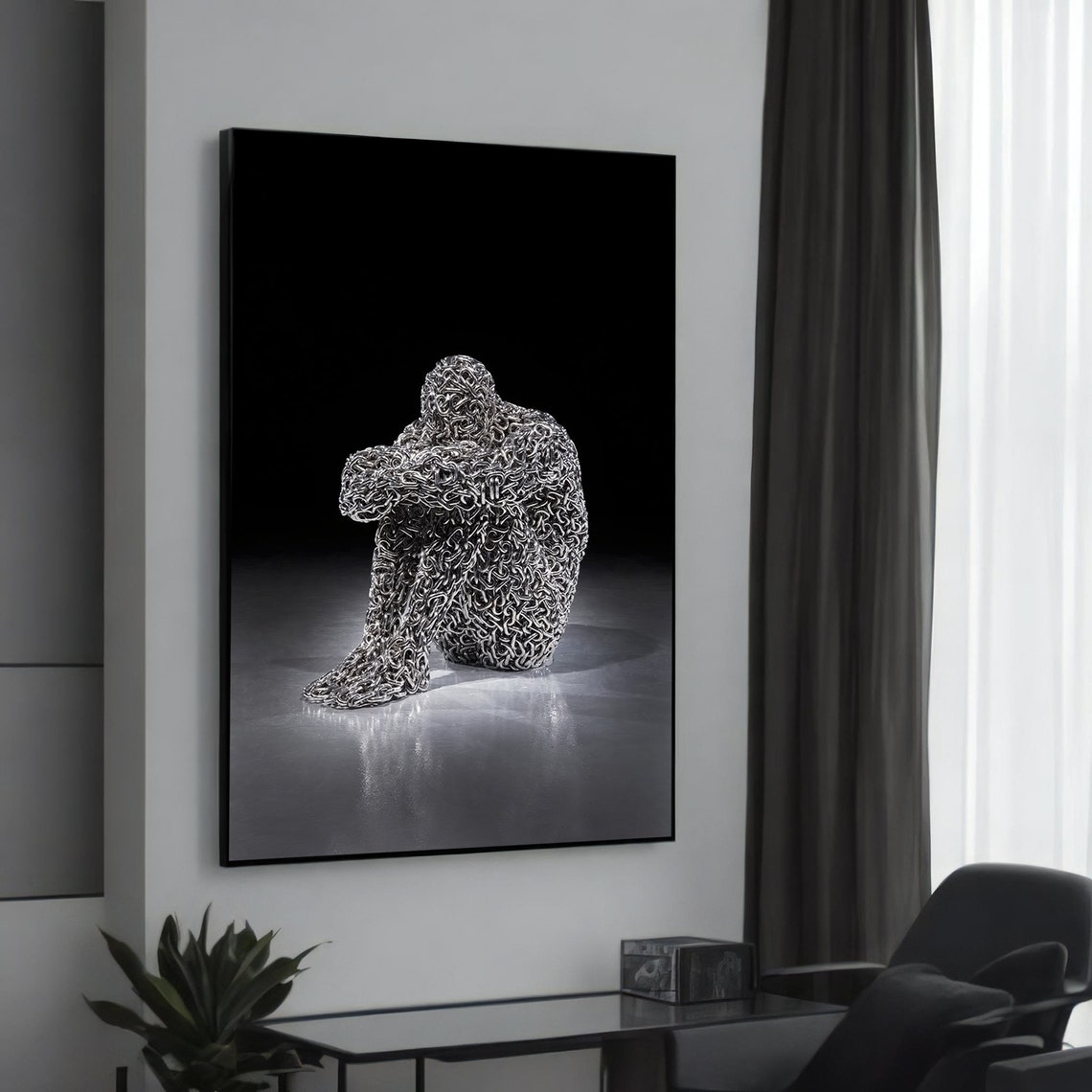 Abstract Wire Mesh Human Sculpture Pensive Modern Art Poster