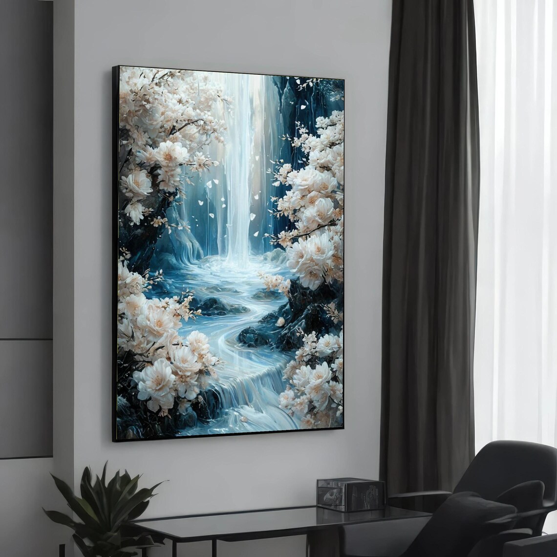 Serene Waterfall Art Print, Floral Streams