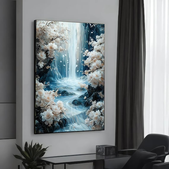 Serene Waterfall Art Print, Floral Streams
