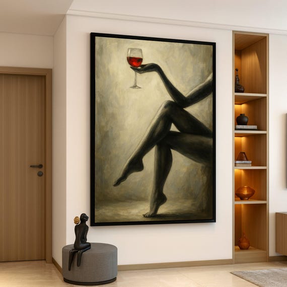 Elegant Silhouette With Wine Glass Canvas Abstract Nude Art Modern Wall Decor Minimalist Figure Painting Sophisticated Home Decoration
