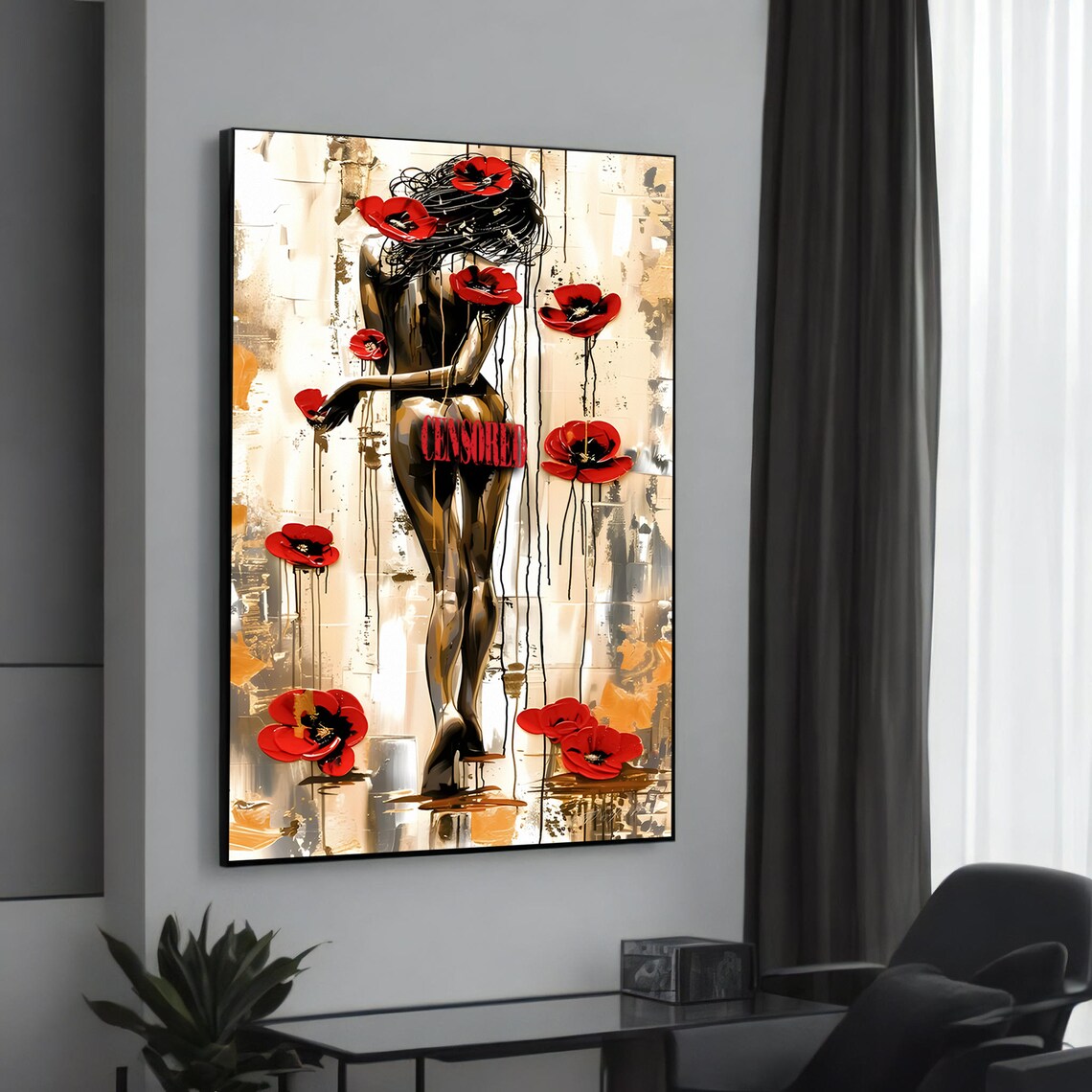 Elegant Nude Figure Red Poppies Artistic Floral Canvas Poster