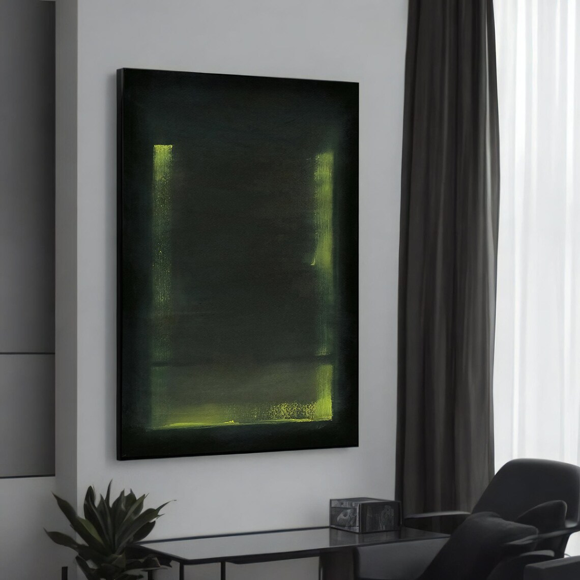 Dark Green Abstract Color Field With Lime Glow Minimalist Modern Art Poster