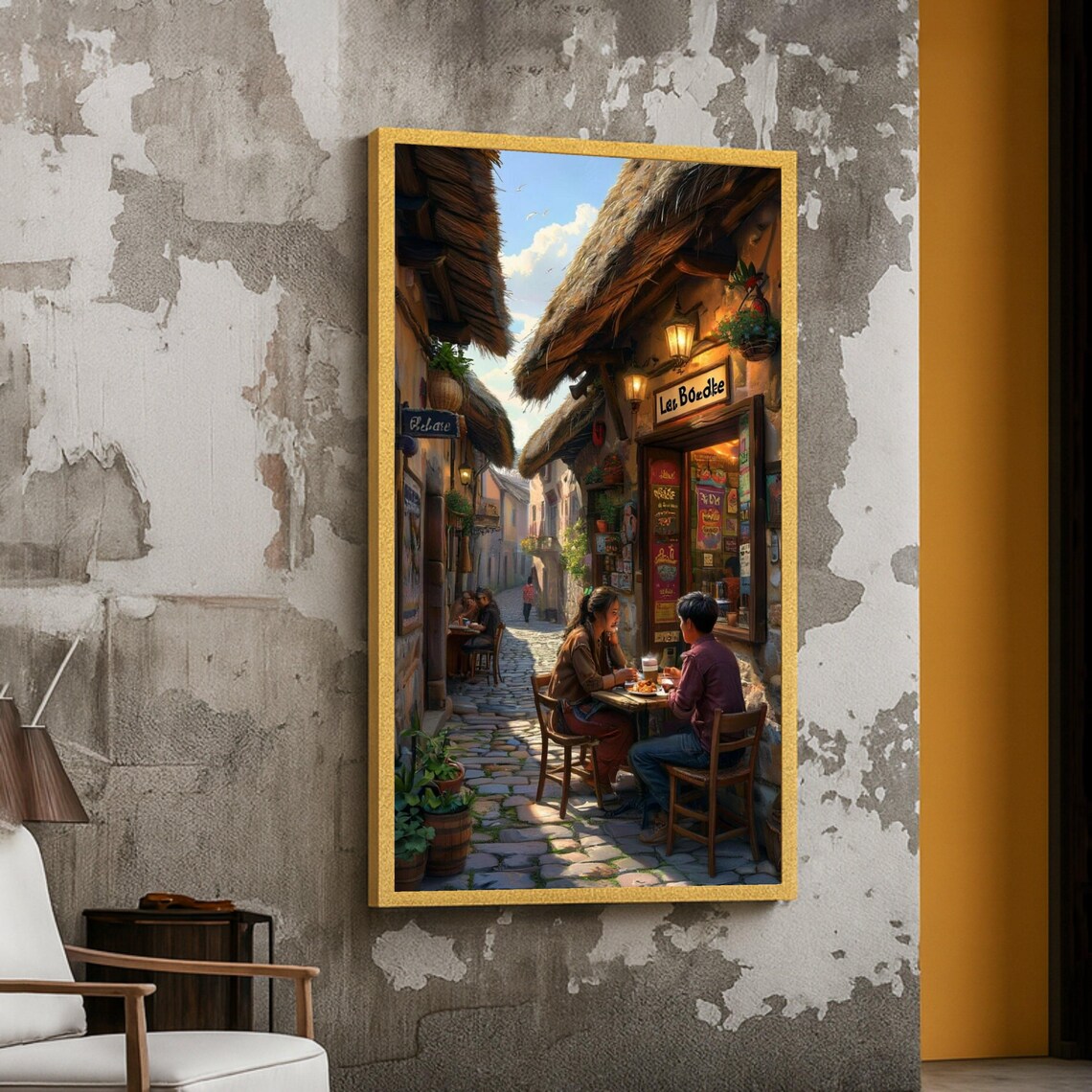 Cozy European Street Caf Scene Art Print, Rustic Village