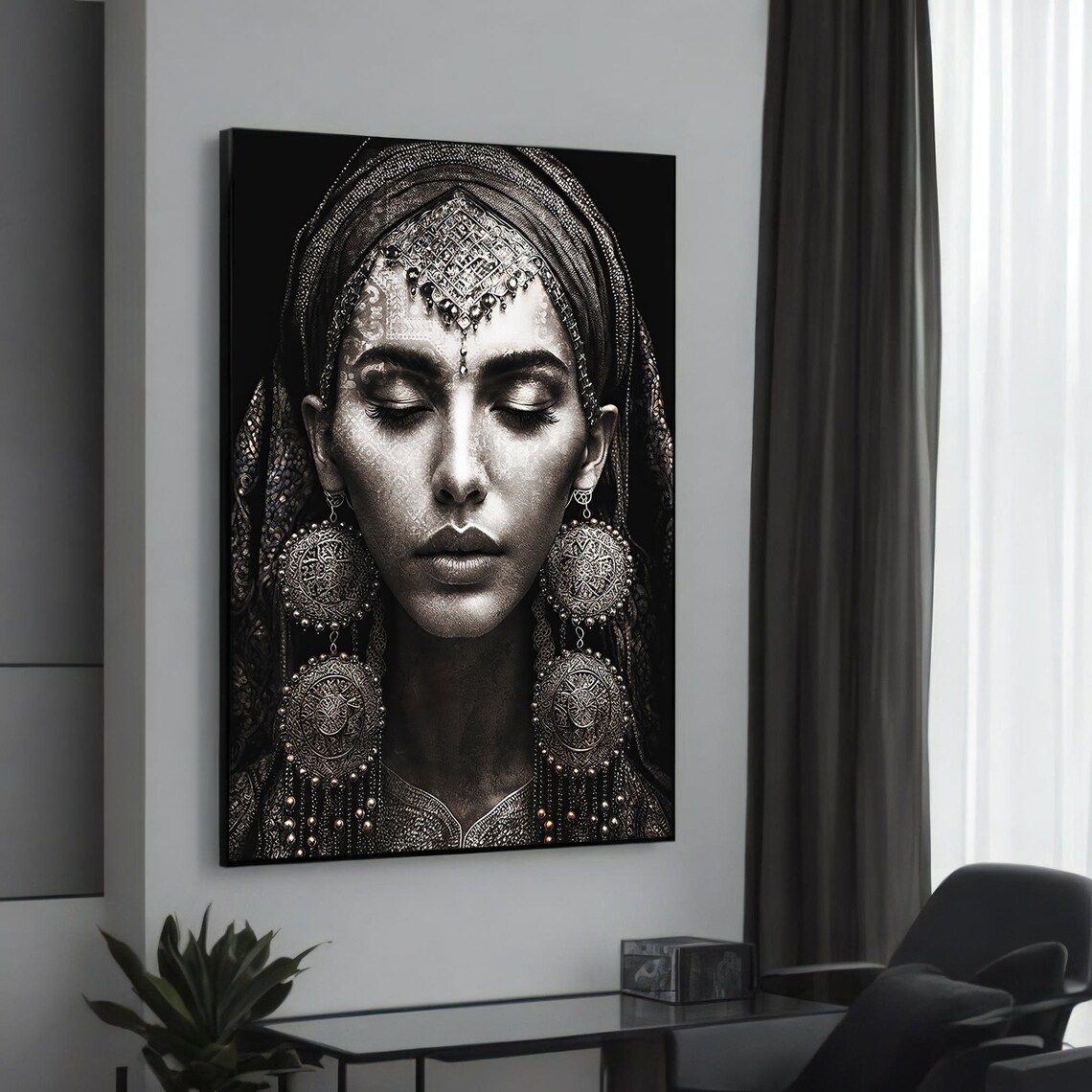 Mystical Woman Intricate Jewelry Black White Portrait Art Poster