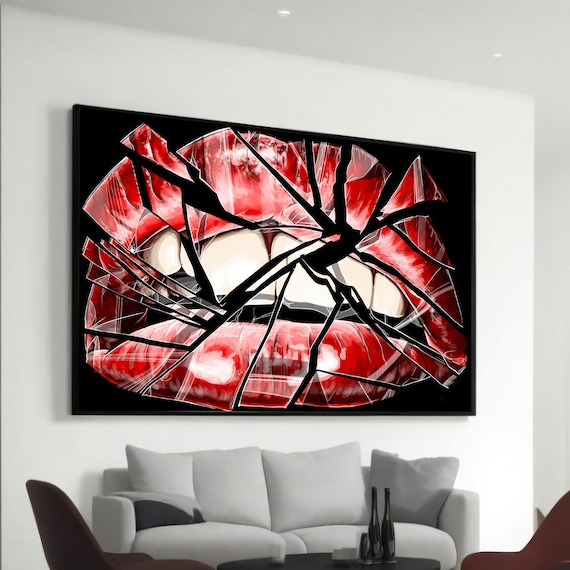 Red Lips Cracked Glass Effect Dramatic Pop Beauty Art Poster