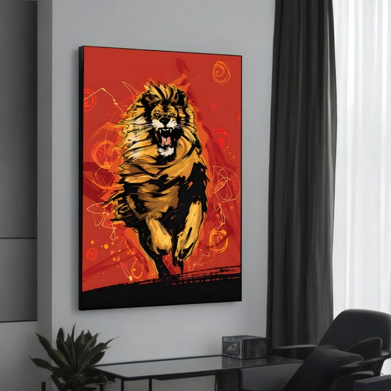 Fierce Lion Canvas Painting Bold Animal Art Vibrant Red And Orange Decor Modern Wall For Enthusiasts