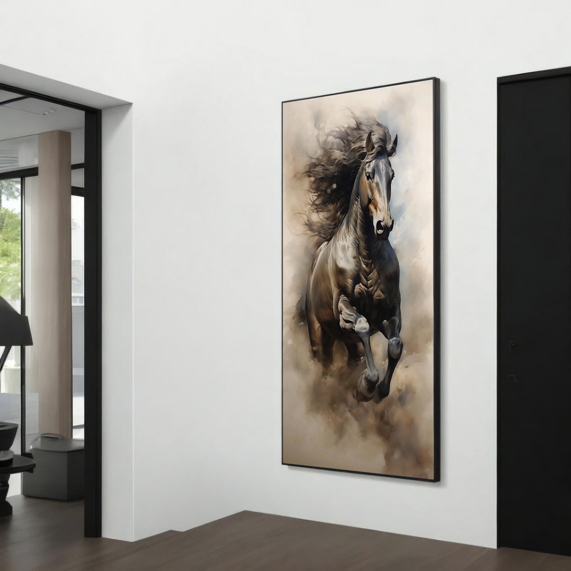 Black Stallion Galloping Horse Canvas Art Dramatic Watercolor Poster