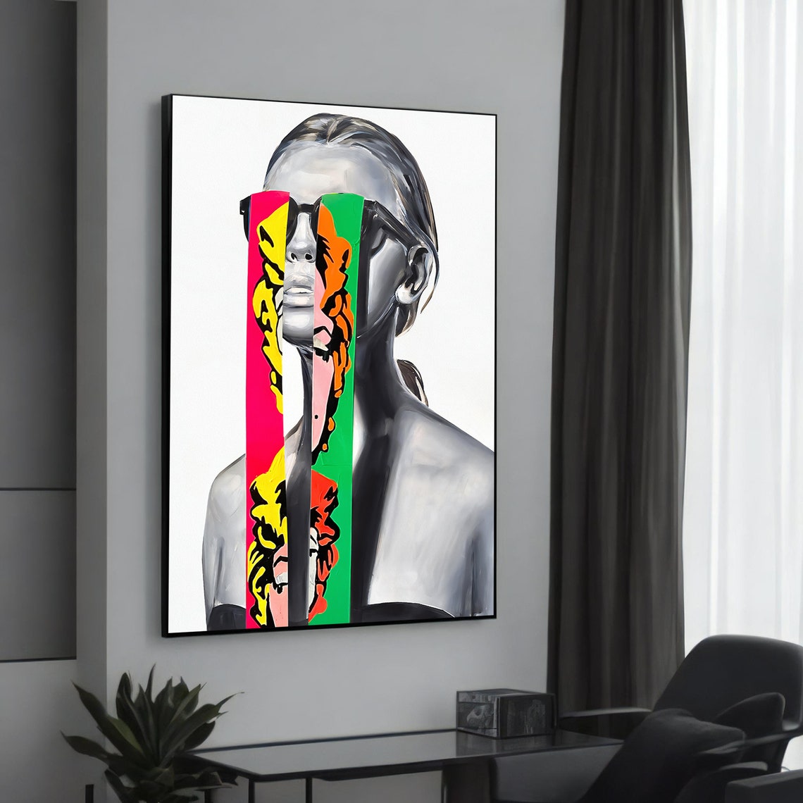 Bold Woman Split Face Neon Stripes Modern Pop Art Portrait Poster